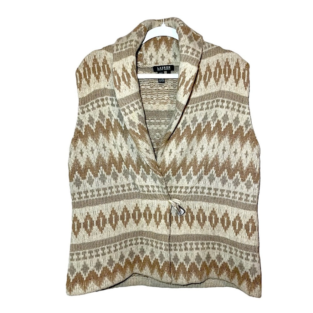 Lauren Ralph Lauren Tan Lambswool Tribal Knit Sweater Vest